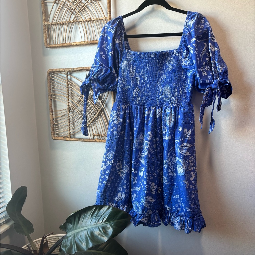 Cottagecore Blue Floral Puff Sleeve Fit & Flare Dress size L